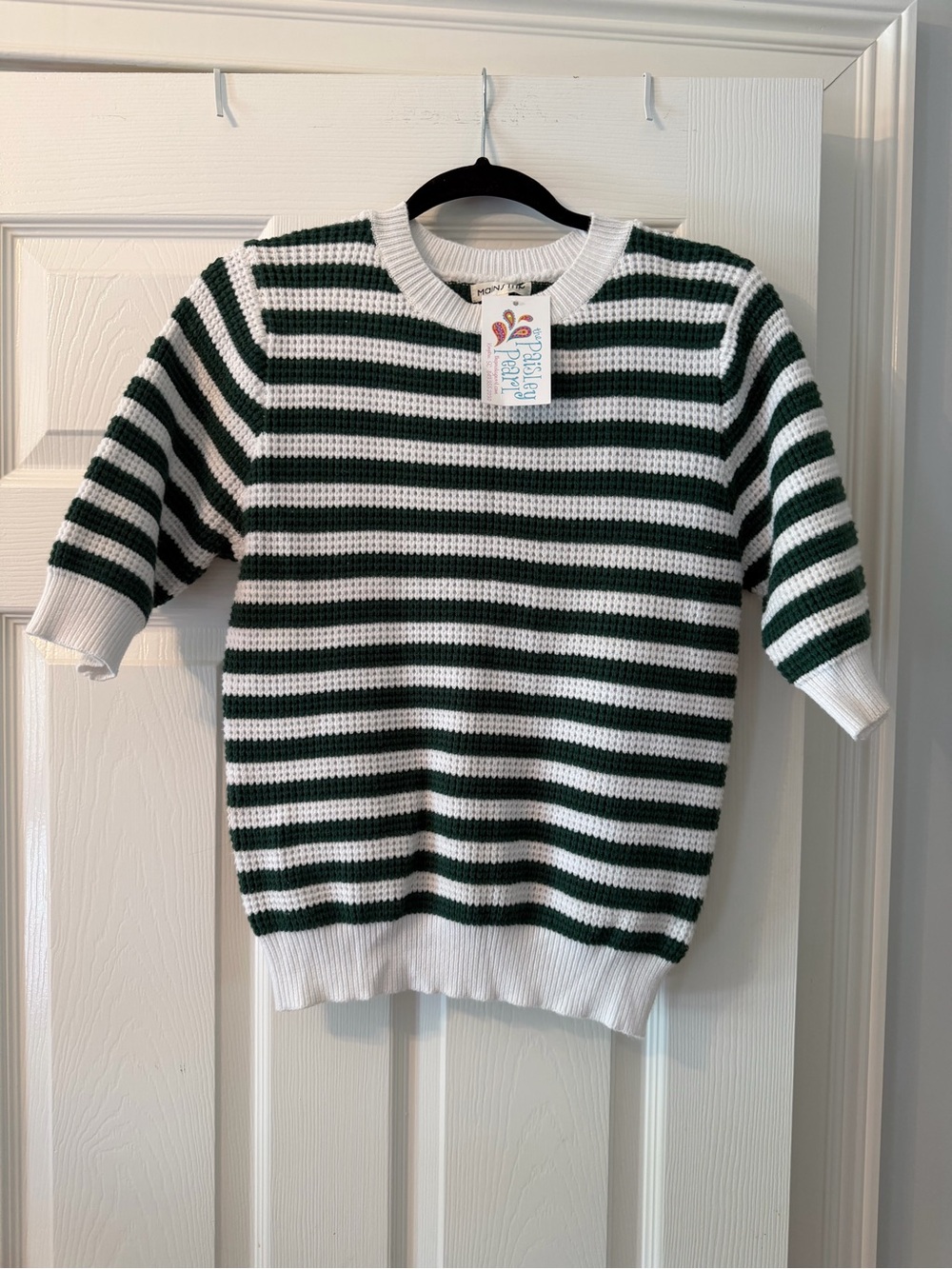 Boutique Green & White Striped Short-Sleeve Crewneck Sweater
